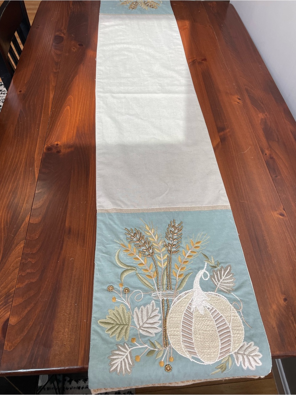 Pier1 Imports Embroidered Pumpkin Harvest Table Runner - Light Blue & Cream